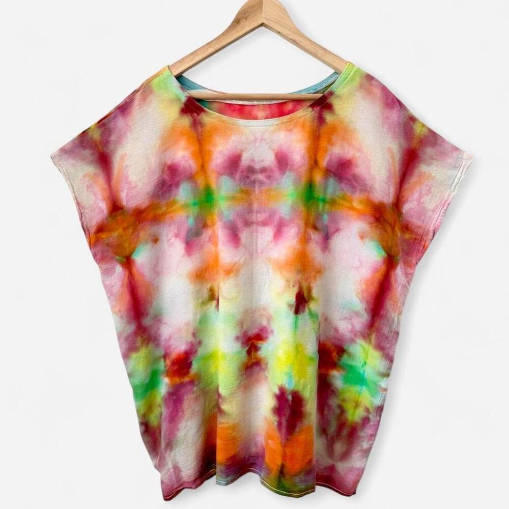 $228 Handmade Upcycled OOAK Cotton Tie Dye Reversible Kaftan Top Dopamine- O/S